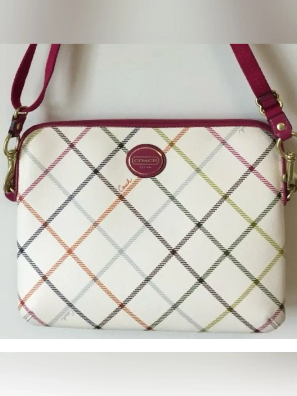 Coach Tattersall plaid Peyton tablet iPad, Crossbody case EUC w/coachie charm